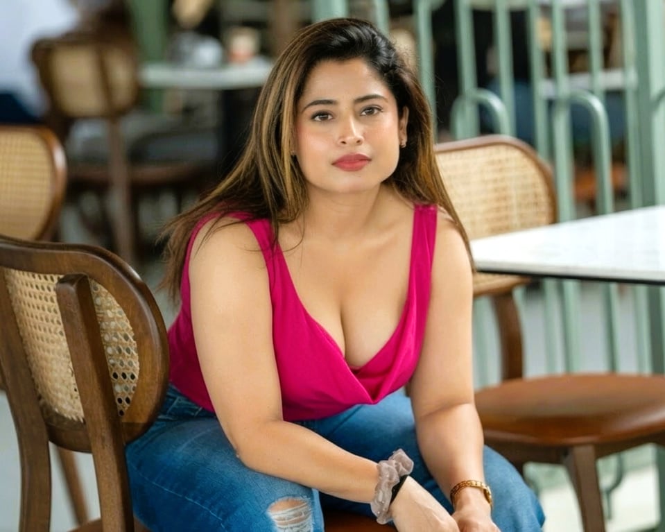 Woman in a pink top seated on a chair in a café
