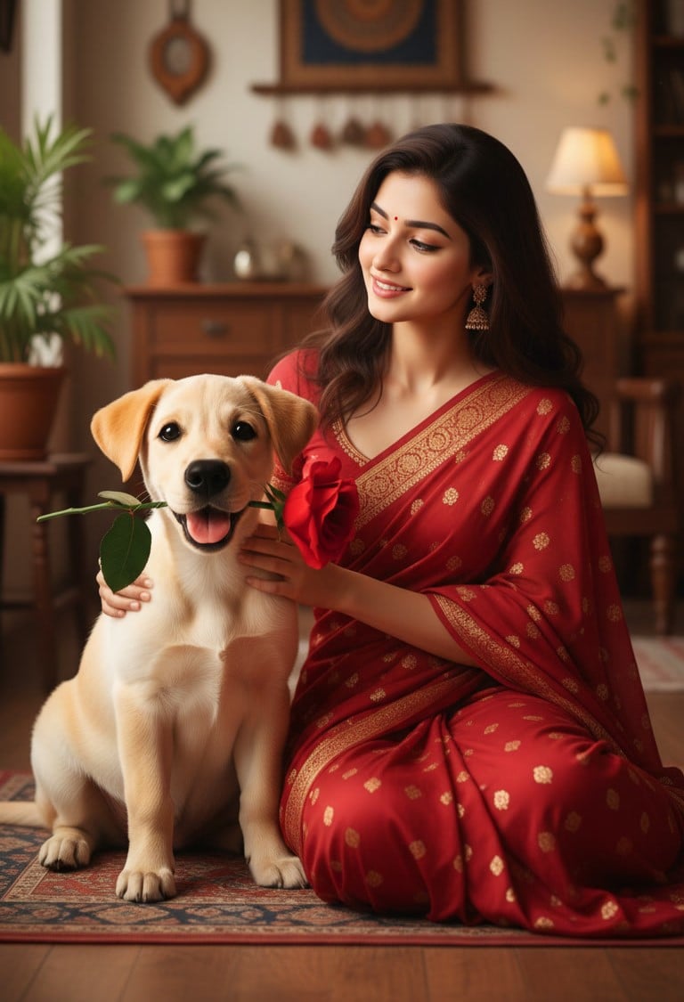Woman in a red sari sitting beside a dog indoors
